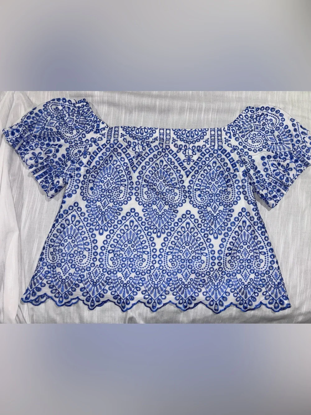 Lilly Pulitzer Blue White Embroidered Coastal Boho Resort Cotton Top XL